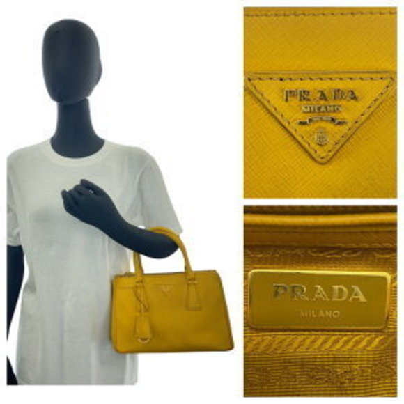 PRADA Saffiano Triangle Galleria Yellow Leather Handbag Tote Bag - Picture 9 of 9